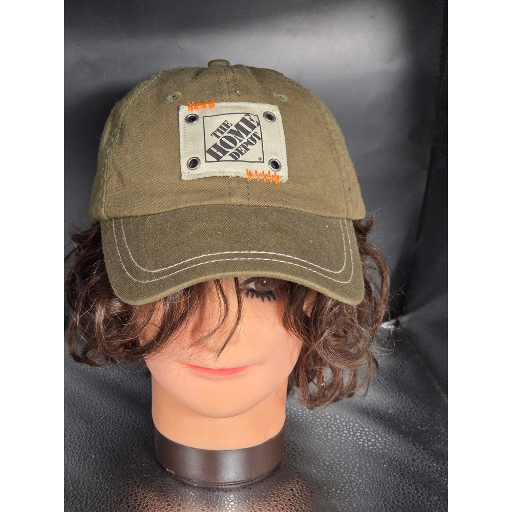 The Home Depot Hat Olive Green Canvas Rivet Patch Strapback Distressed Dad Cap - Picture 6 of 9